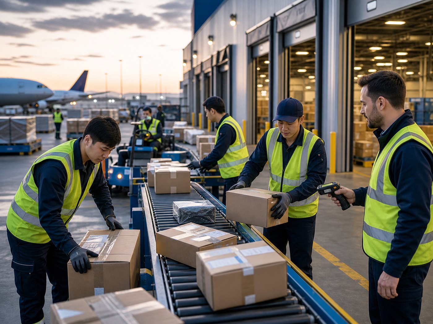Operațiuni cargo aeroportuare cu echipă de lucrători